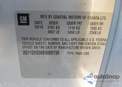 2014 Chevrolet Impala 2Lt from USA, damaged, VIN 2G1125S38E9260736